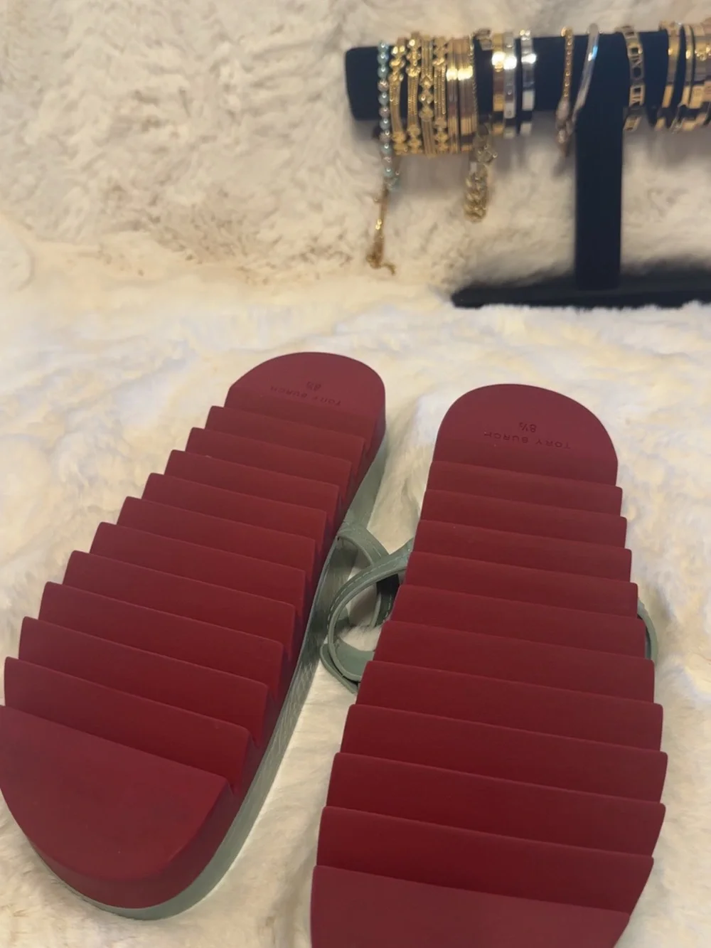 Tory Burch Seafoam Patent Miller Lug Flip Flop with Red Sole